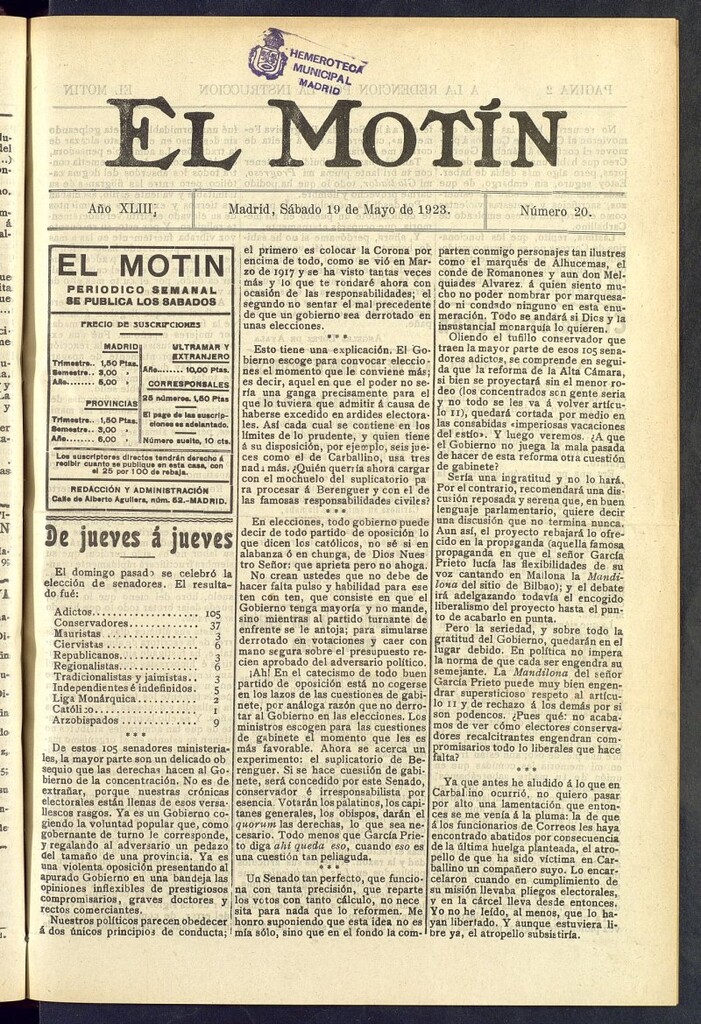 Miniatura de El Motín : periódico satírico semanal del 19 de mayo de 1923, nº 20
