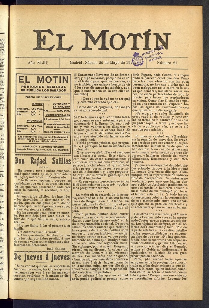 Miniatura de El Motín : periódico satírico semanal del 26 de mayo de 1923, nº 21