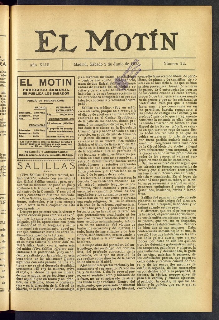 Miniatura de El Motín : periódico satírico semanal del 2 de junio de 1923, nº 22