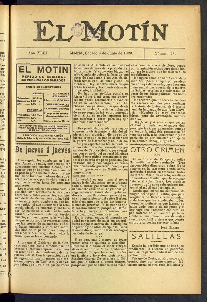 Miniatura de El Motín : periódico satírico semanal del 9 de junio de 1923, nº 23
