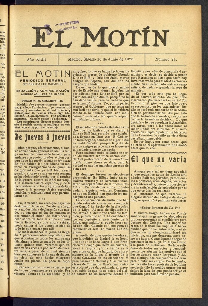 Miniatura de El Motín : periódico satírico semanal del 16 de junio de 1923, nº 24