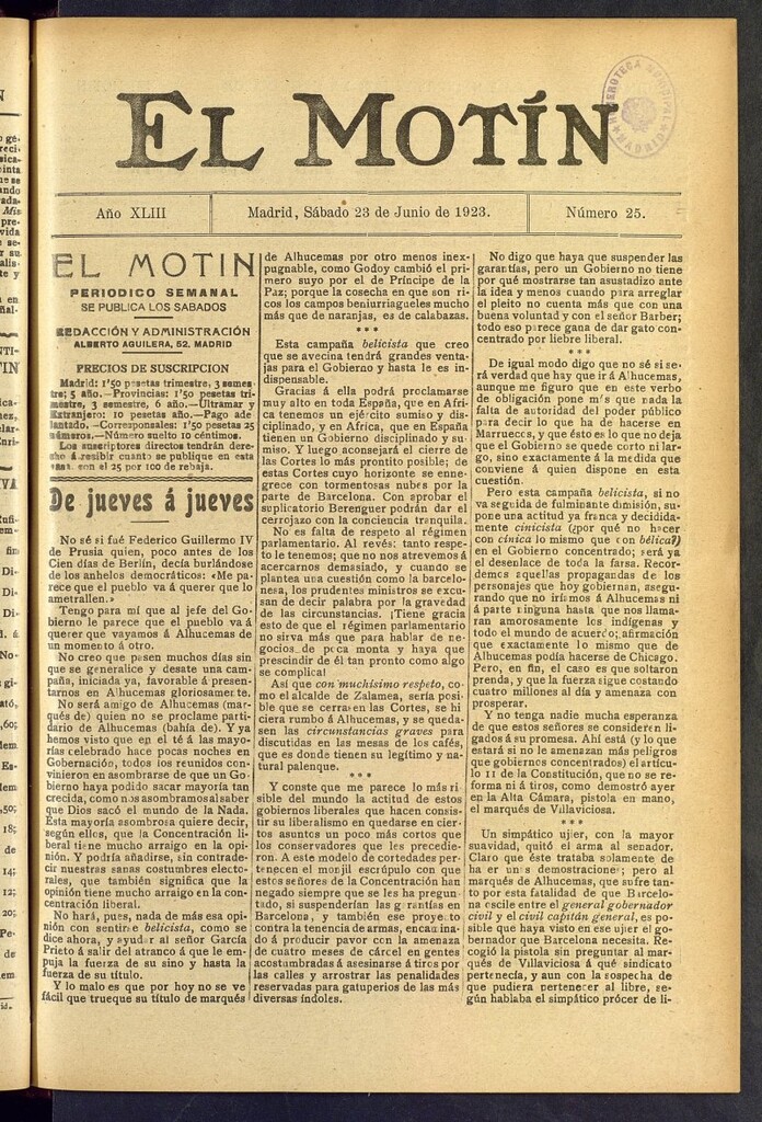 Miniatura de El Motín : periódico satírico semanal del 23 de junio de 1923, nº 25