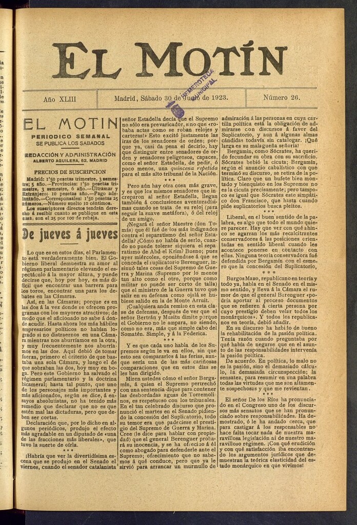 Miniatura de El Motín : periódico satírico semanal del 30 de junio de 1923, nº 26