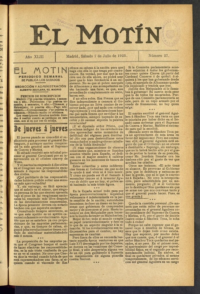 Miniatura de El Motín : periódico satírico semanal del 7 de julio de 1923, nº 27