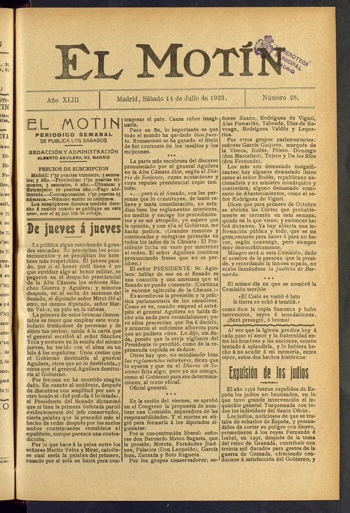 Miniatura de El Motín : periódico satírico semanal del 14 de julio de 1923, nº 28