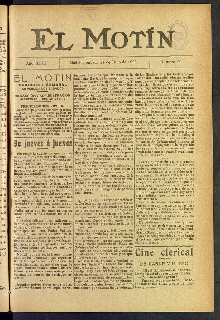 Miniatura de El Motín : periódico satírico semanal del 21 de julio de 1923, nº 29