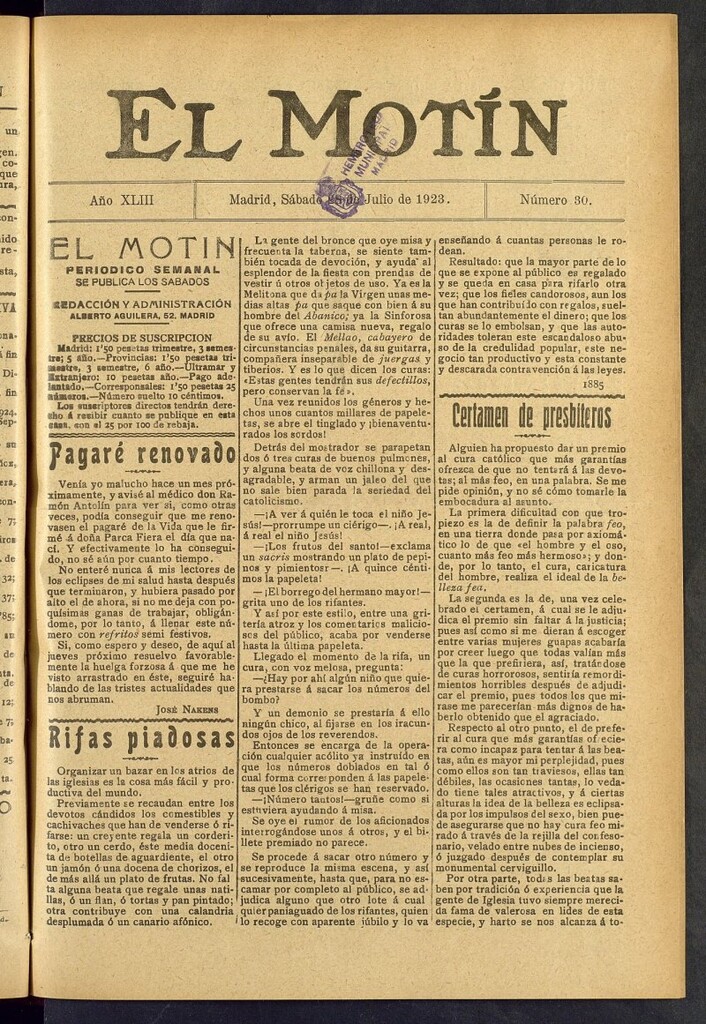 Miniatura de El Motín : periódico satírico semanal del 28 de julio de 1923, nº 30