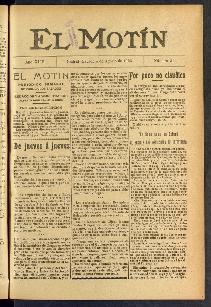 Miniatura de El Motín : periódico satírico semanal del 4 de agosto de 1923, nº 31