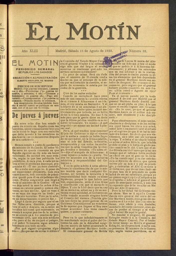 Miniatura de El Motín : periódico satírico semanal del 18 de agosto de 1923, nº 33
