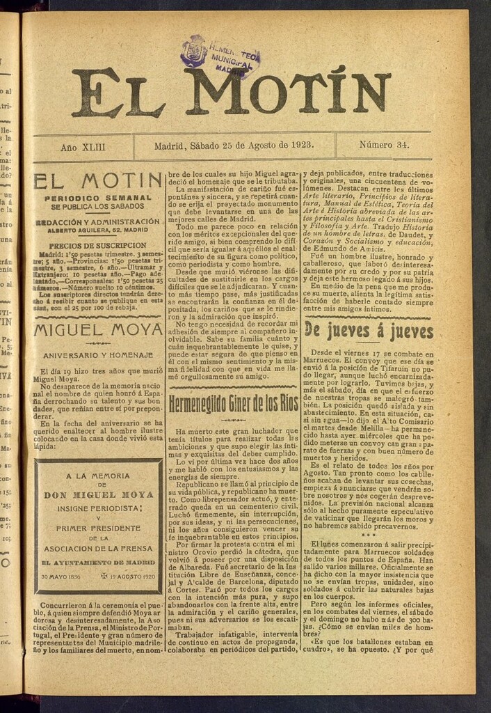 Miniatura de El Motín : periódico satírico semanal del 25 de agosto de 1923, nº 34