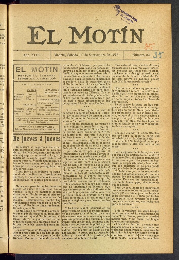 Miniatura de El Motín : periódico satírico semanal del 1 de septiembre de 1923, nº 35