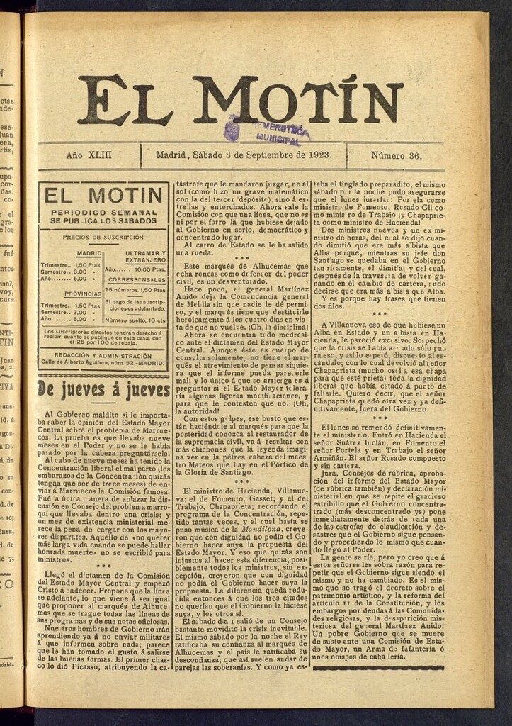 Miniatura de El Motín : periódico satírico semanal del 8 de septiembre de 1923, nº 36