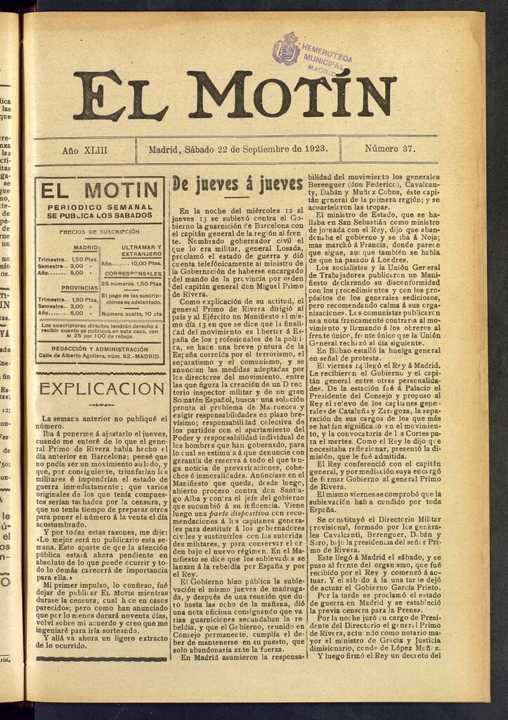 Miniatura de El Motín : periódico satírico semanal del 22 de septiembre de 1923, nº 37