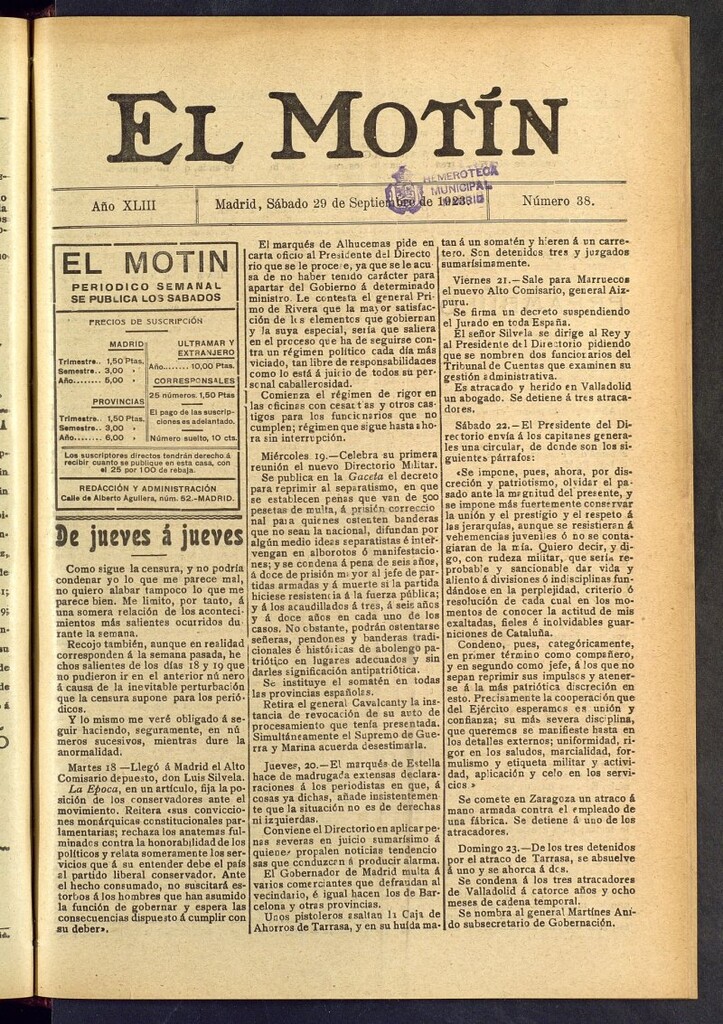 Miniatura de El Motín : periódico satírico semanal del 29 de septiembre de 1923, nº 38