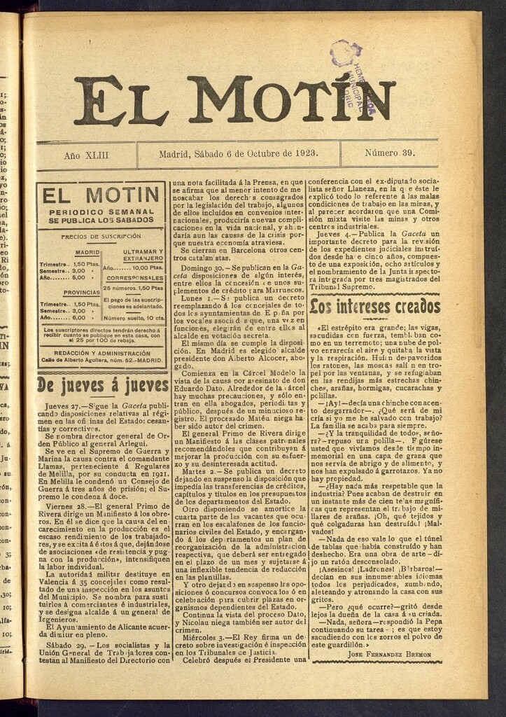Miniatura de El Motín : periódico satírico semanal del 6 de octubre de 1923, nº 39