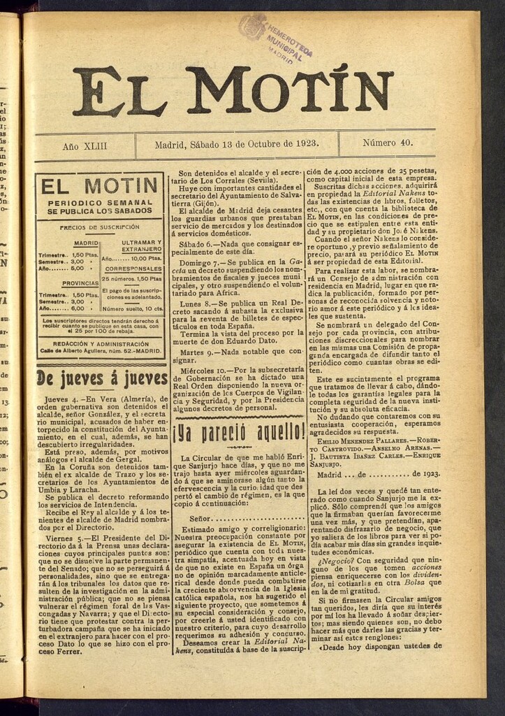 Miniatura de El Motín : periódico satírico semanal del 13 de octubre de 1923, nº 40