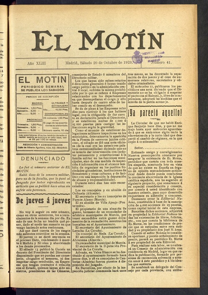 Miniatura de El Motín : periódico satírico semanal del 20 de octubre de 1923, nº 41