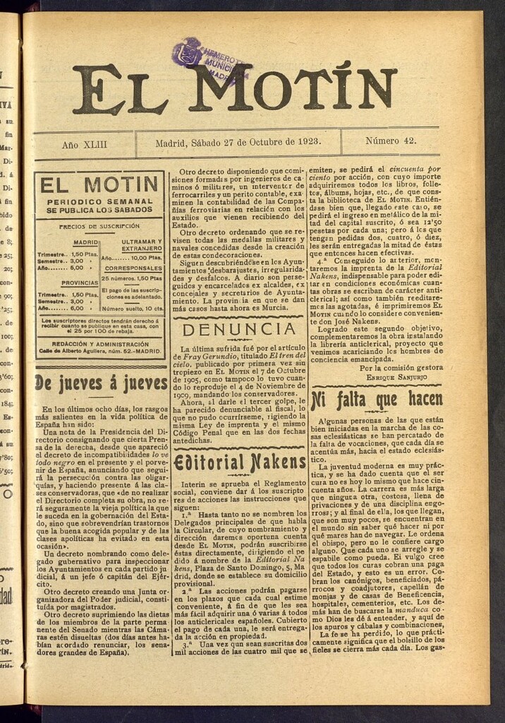 Miniatura de El Motín : periódico satírico semanal del 27 de octubre de 1923, nº 42