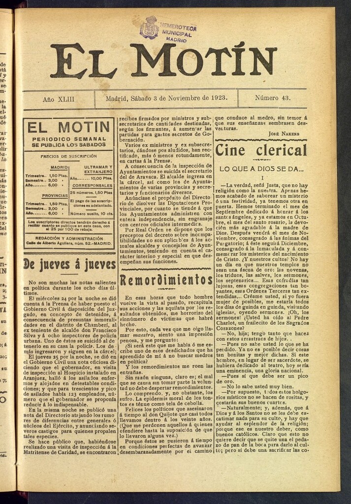 Miniatura de El Motín : periódico satírico semanal del 3 de noviembre de 1923, nº 43