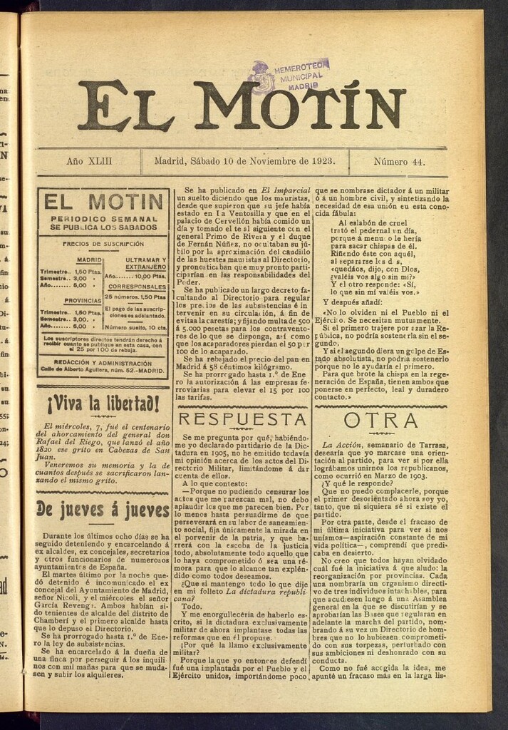 Miniatura de El Motín : periódico satírico semanal del 10 de noviembre de 1923 nº 44