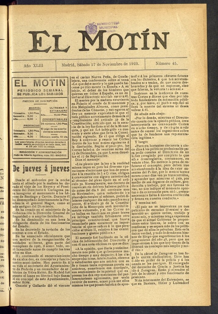 Miniatura de El Motín : periódico satírico semanal del 17 de noviembre de 1923, nº 45