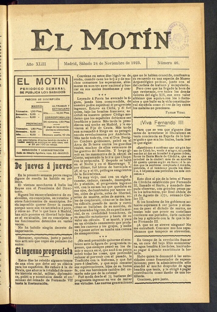 Miniatura de El Motín : periódico satírico semanal del 24 de noviembre de 1923, nº  46