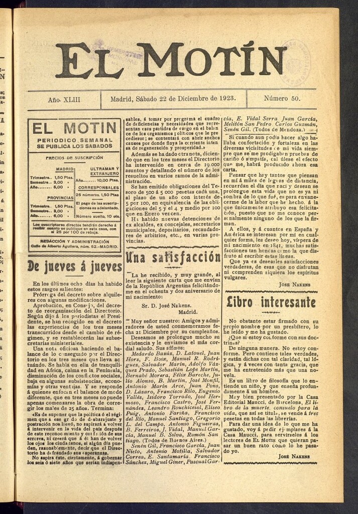 Miniatura de El Motín : periódico satírico semanal del 22 de diciembre de 1923, nº 50