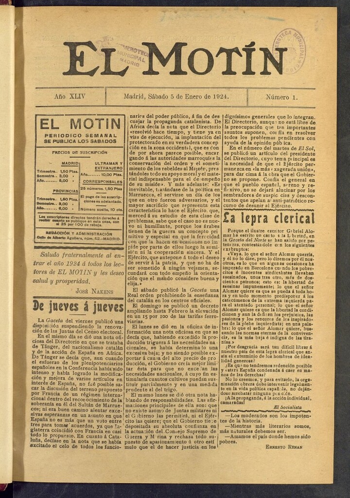 Miniatura de El Motín : periódico satírico semanal  del 5 de enero de 1924, nº 1