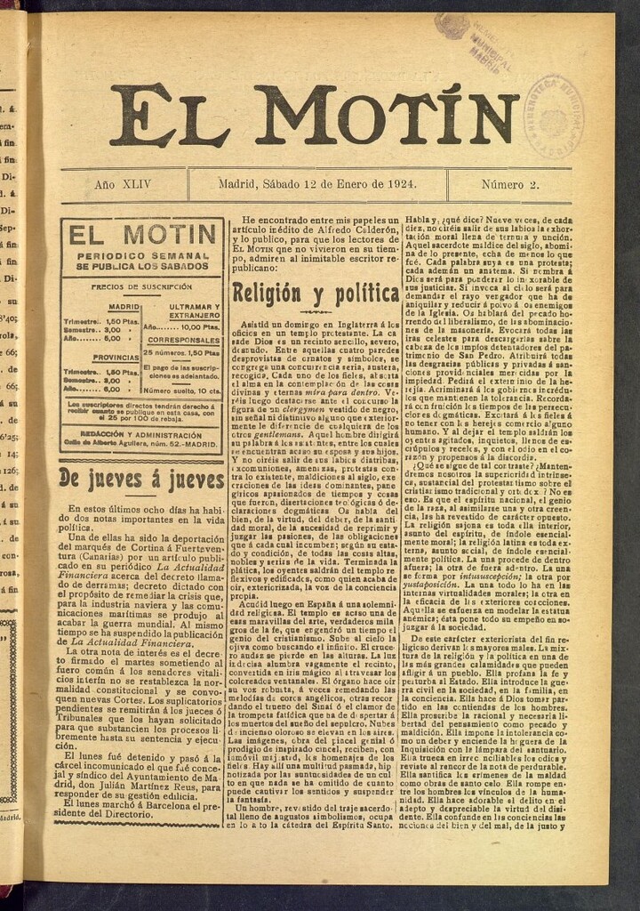 Miniatura de El Motín : periódico satírico semanal  del 12 de enero de 1924, nº 2