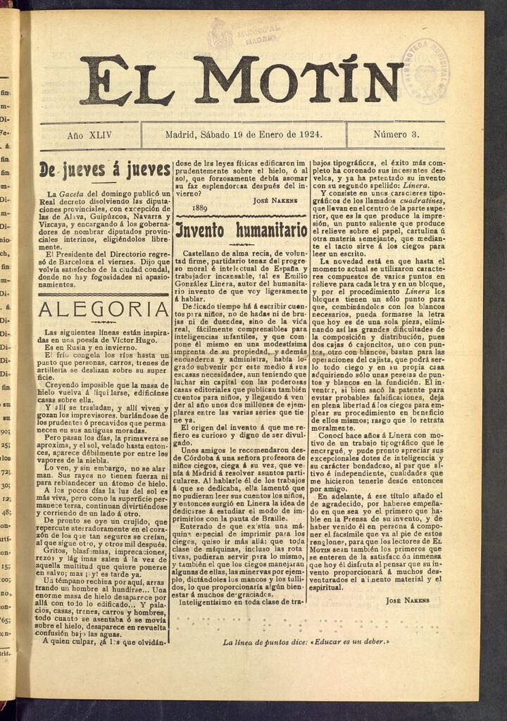 Miniatura de El Motín : periódico satírico semanal  del 19 de enero de 1924, nº 3