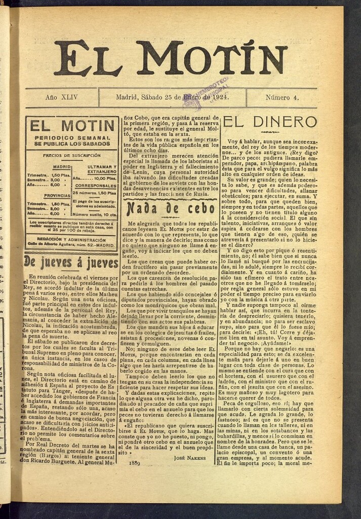 Miniatura de El Motín : periódico satírico semanal  del 25 de enero de 1924, nº 4