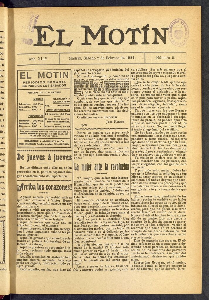 Miniatura de El Motín : periódico satírico semanal  del 2 de febrero de 1924, nº 5