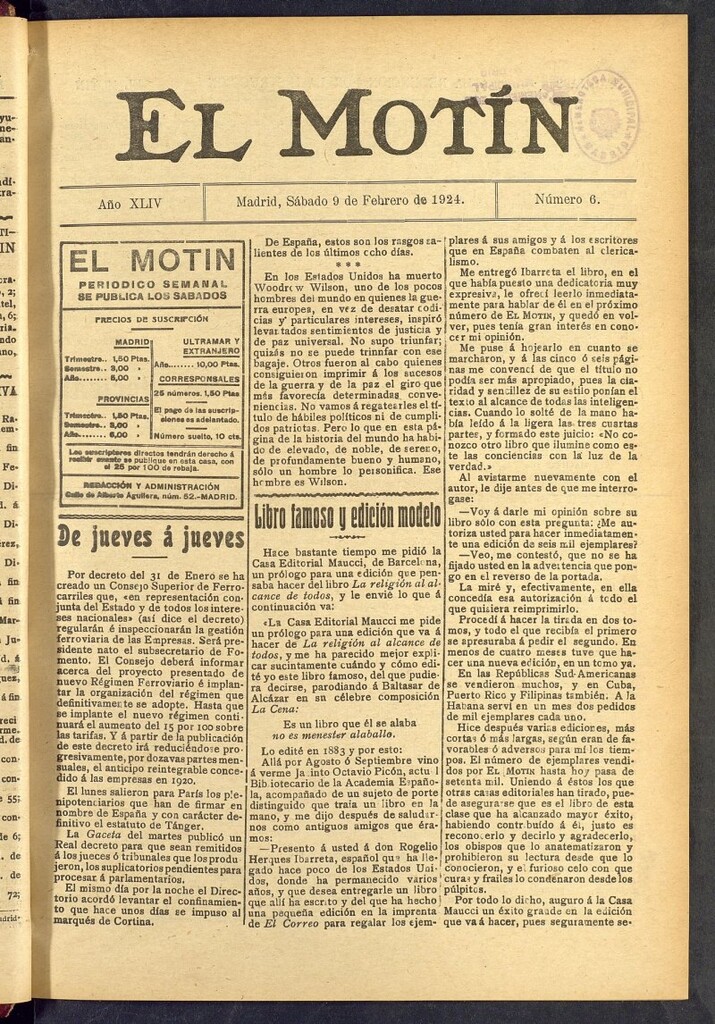 Miniatura de El Motín : periódico satírico semanal  del 9 de febrero de 1924, nº 6