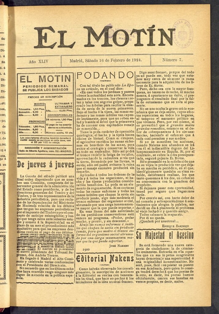 Miniatura de El Motín : periódico satírico semanal  del 16 de febrero de 1924, nº 7