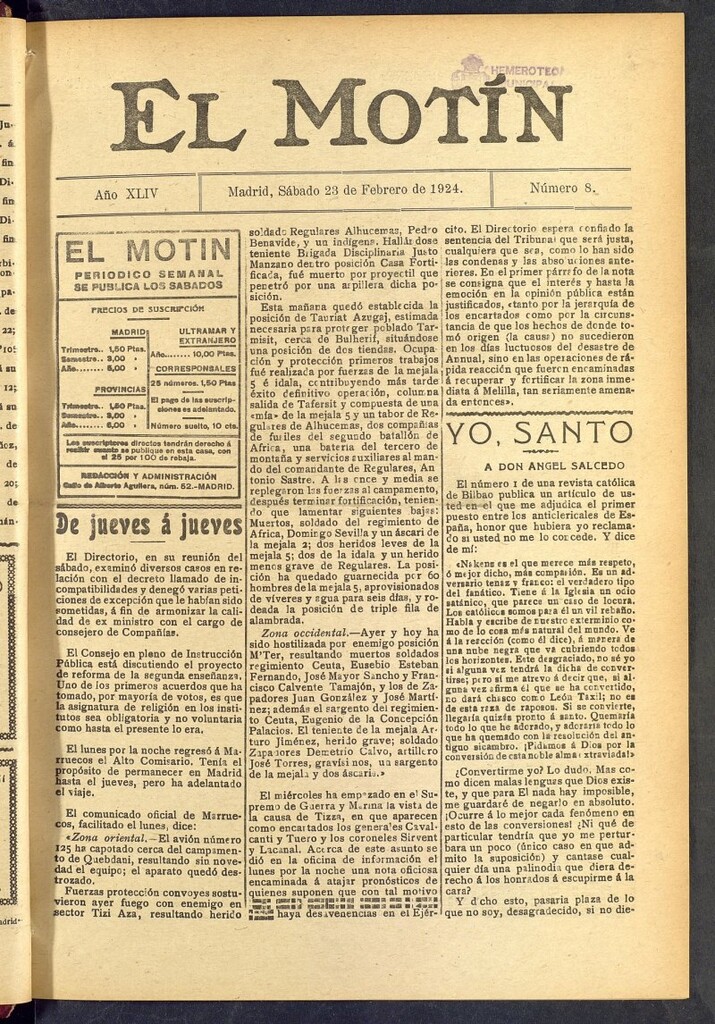 Miniatura de El Motín : periódico satírico semanal  del 23 de febrero de 1924, nº 8
