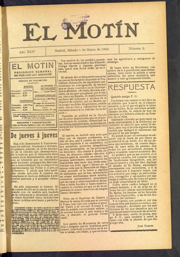 Miniatura de El Motín : periódico satírico semanal  del 1 de marzo de 1924, nº 9