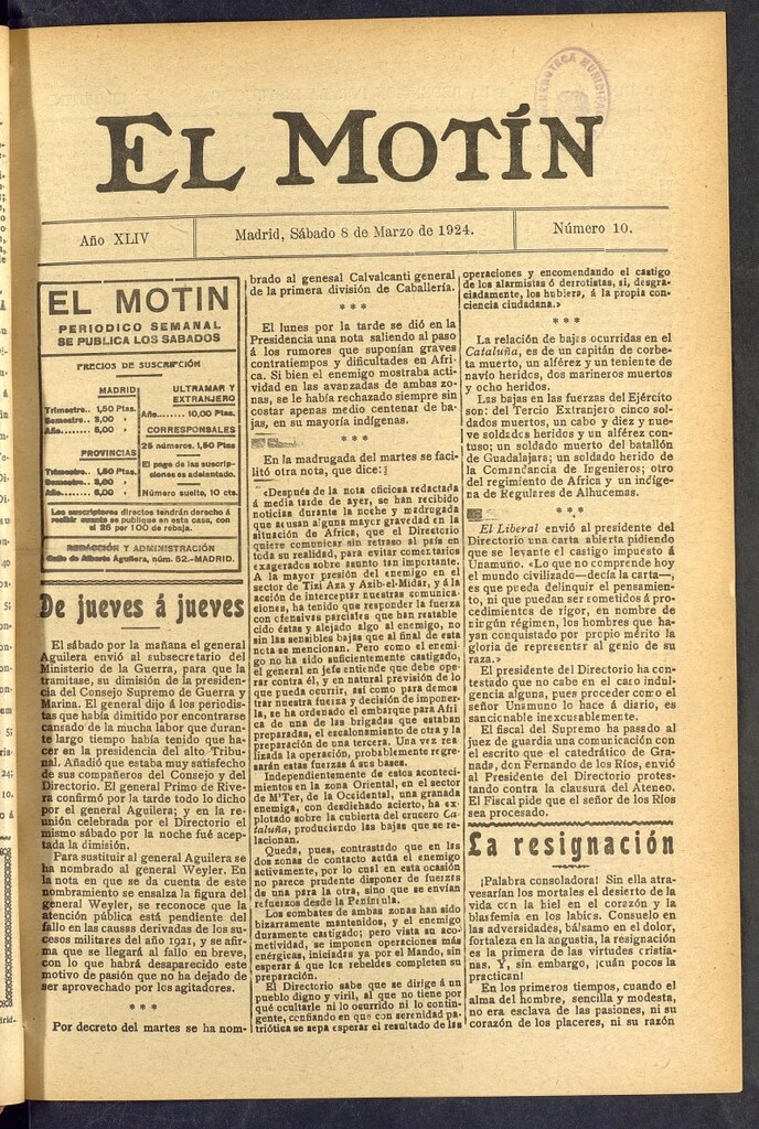 Miniatura de El Motín : periódico satírico semanal  del 8 de marzo de 1924, nº 10