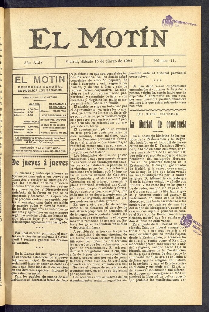 Miniatura de El Motín : periódico satírico semanal  del 15 de marzo de 1924, nº 11