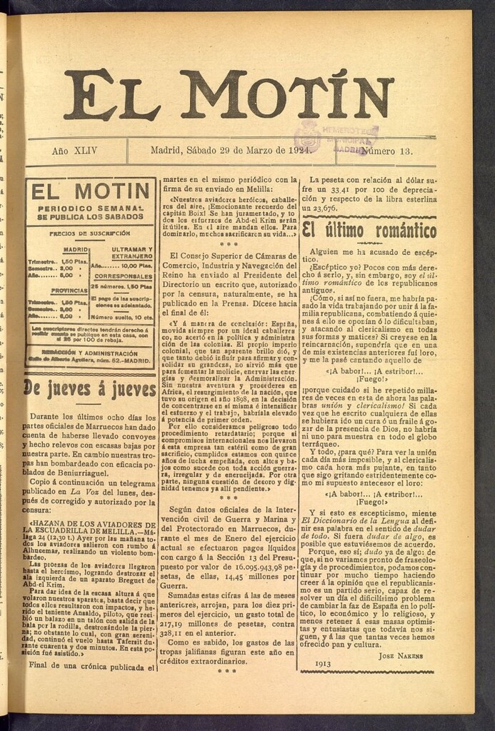 Miniatura de El Motín : periódico satírico semanal  del 29 de marzo de 1924, nº 13