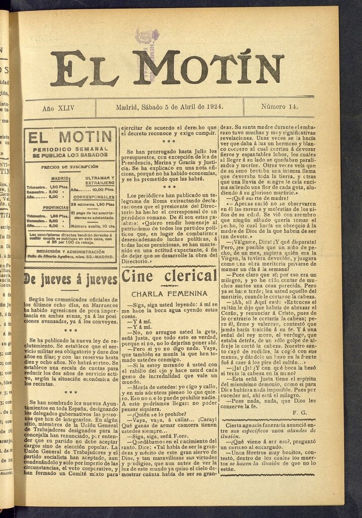 Miniatura de El Motín : periódico satírico semanal  del 5 de abril de 1924, nº 14