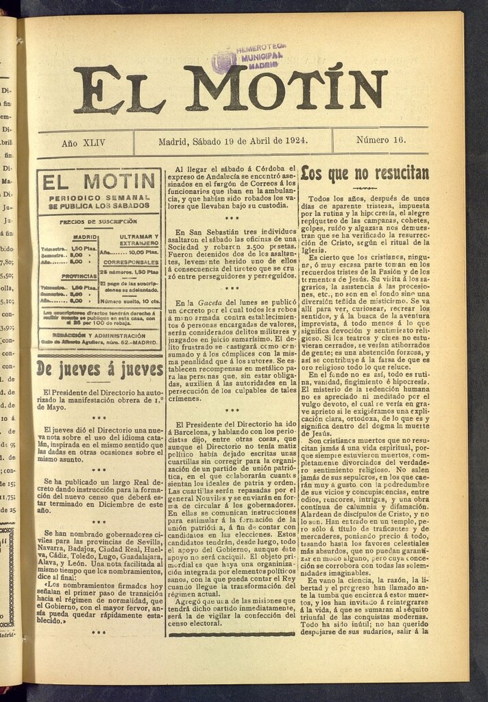 Miniatura de El Motín : periódico satírico semanal  del 19 de abril de 1924, nº 16