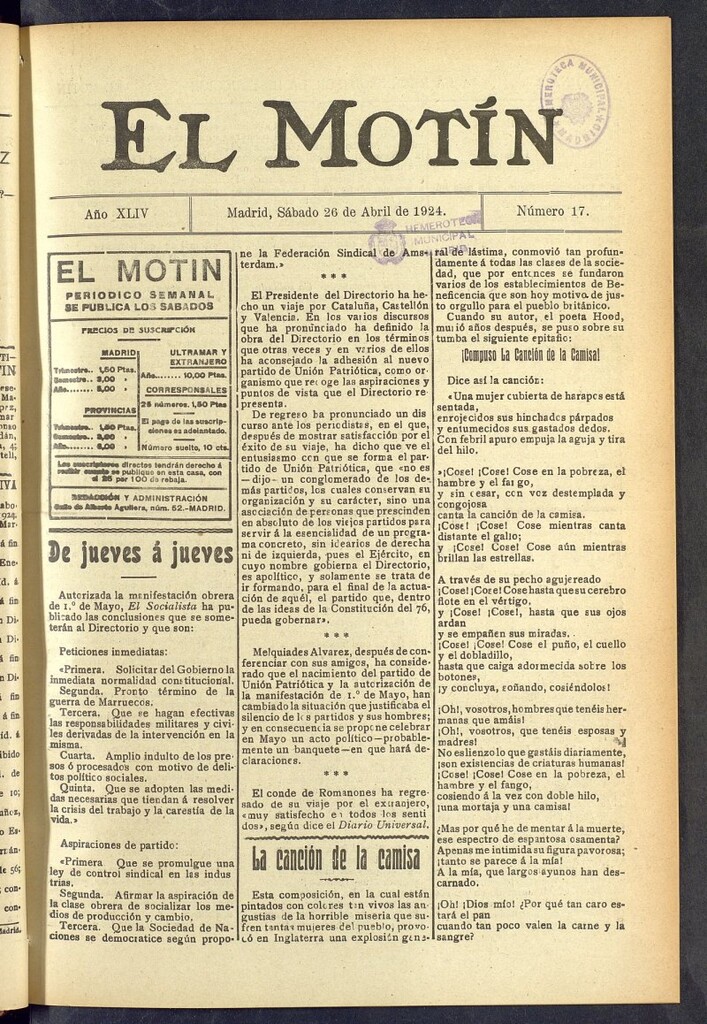 Miniatura de El Motín : periódico satírico semanal  del 26 de abril de 1924, nº 17