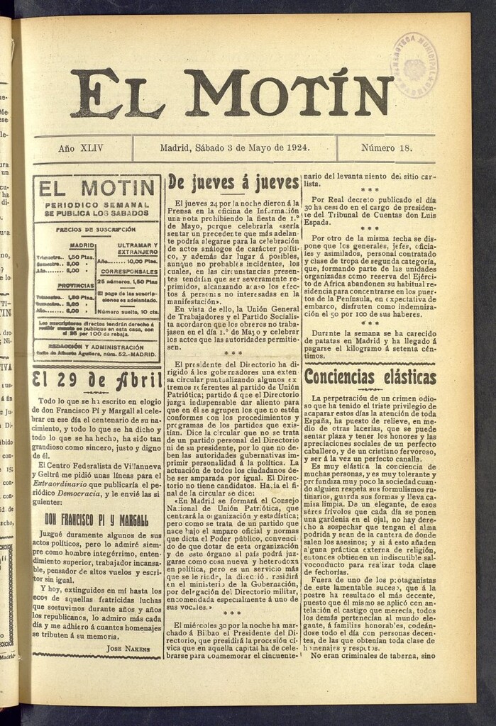 Miniatura de El Motín : periódico satírico semanal  del 3 de mayo de 1924, nº 18