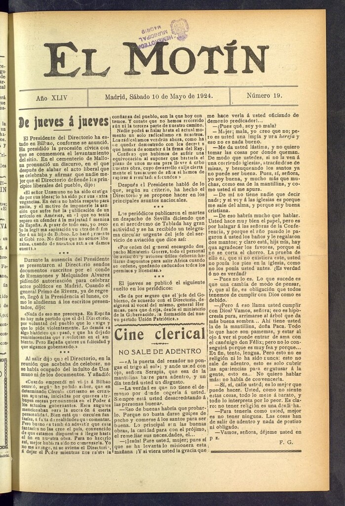 Miniatura de El Motín : periódico satírico semanal  del 10 de mayo de 1924, nº 19