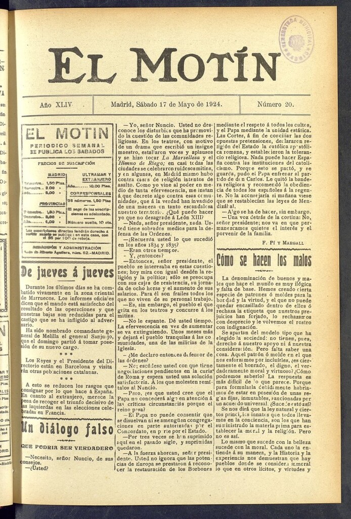 Miniatura de El Motín : periódico satírico semanal  del 17 de mayo de 1924, nº 20