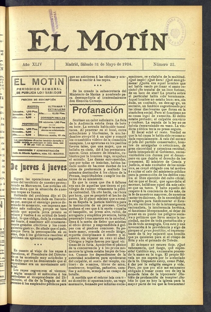 Miniatura de El Motín : periódico satírico semanal  del 31 de mayo de 1924, nº 22