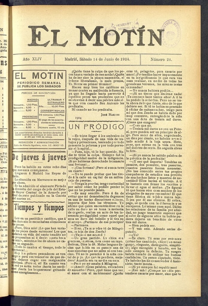Miniatura de El Motín : periódico satírico semanal  del 14 de junio de 1924, nº 24