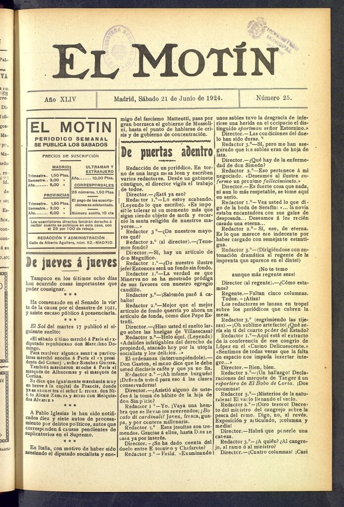 Miniatura de El Motín : periódico satírico semanal  del 21 de junio de 1924, nº 25