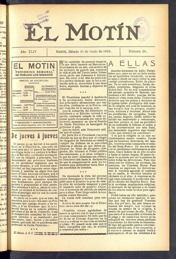 Miniatura de El Motín : periódico satírico semanal  del 28 de junio de 1924, nº 26