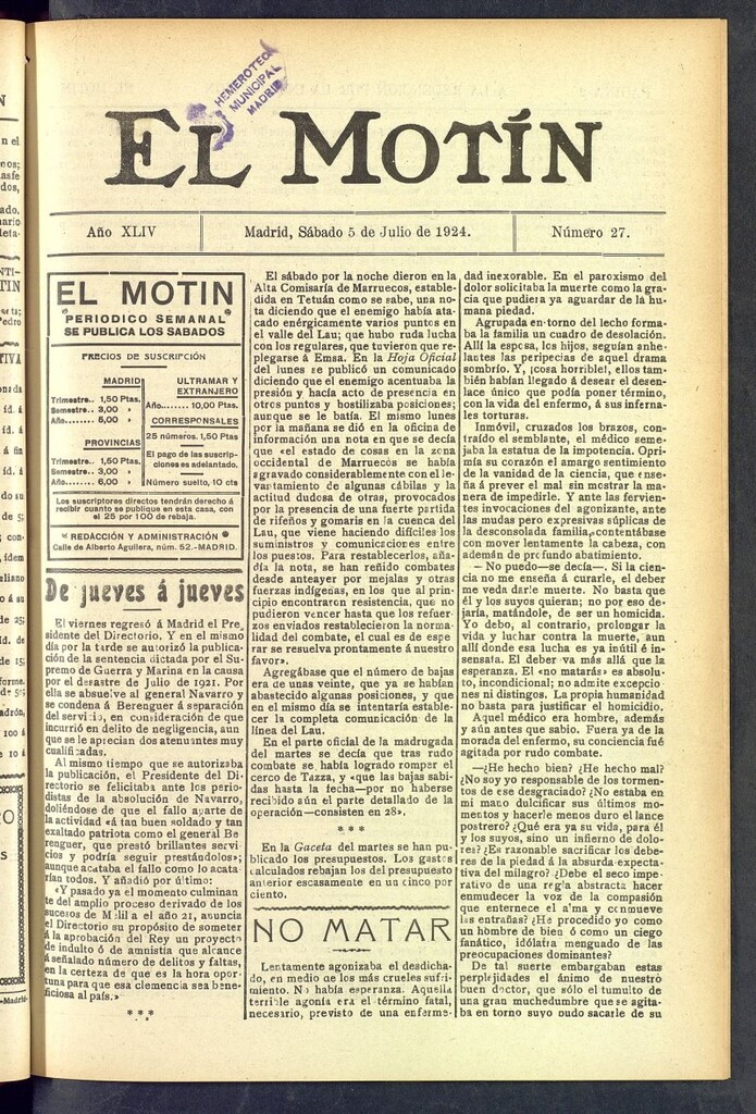 Miniatura de El Motín : periódico satírico semanal  del 5 de julio de 1924, nº 27